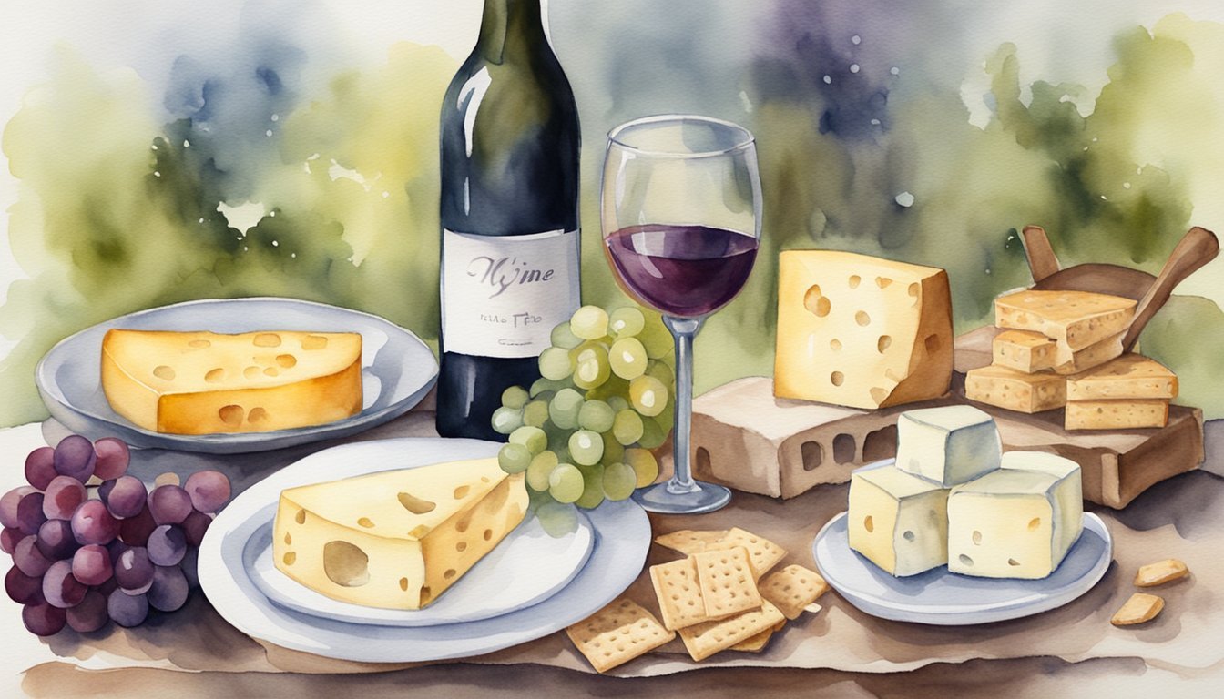 A table with various items: wine, cheese, crackers, and a decorative ribbon.</p><p>Labels for "wine lover" theme