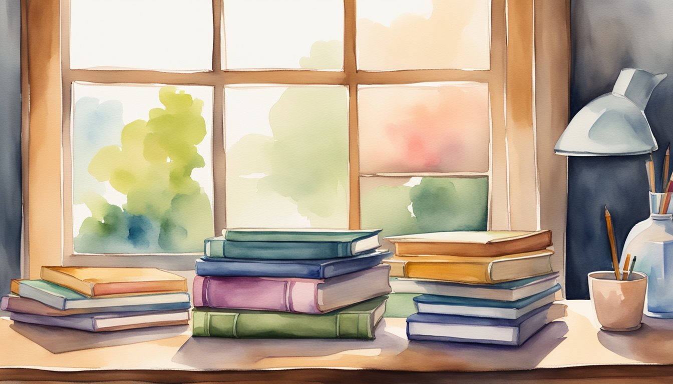 A stack of colorful books with a blank cover sits on a wooden table, surrounded by art supplies and a laptop.</p><p>A window lets in natural light, casting a warm glow on the scene