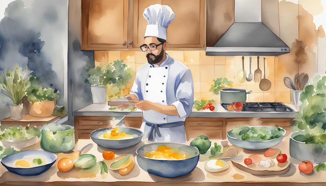 A chef demonstrates cooking techniques via video, surrounded by ingredients and utensils.</p><p>Students watch and follow along from their own kitchens