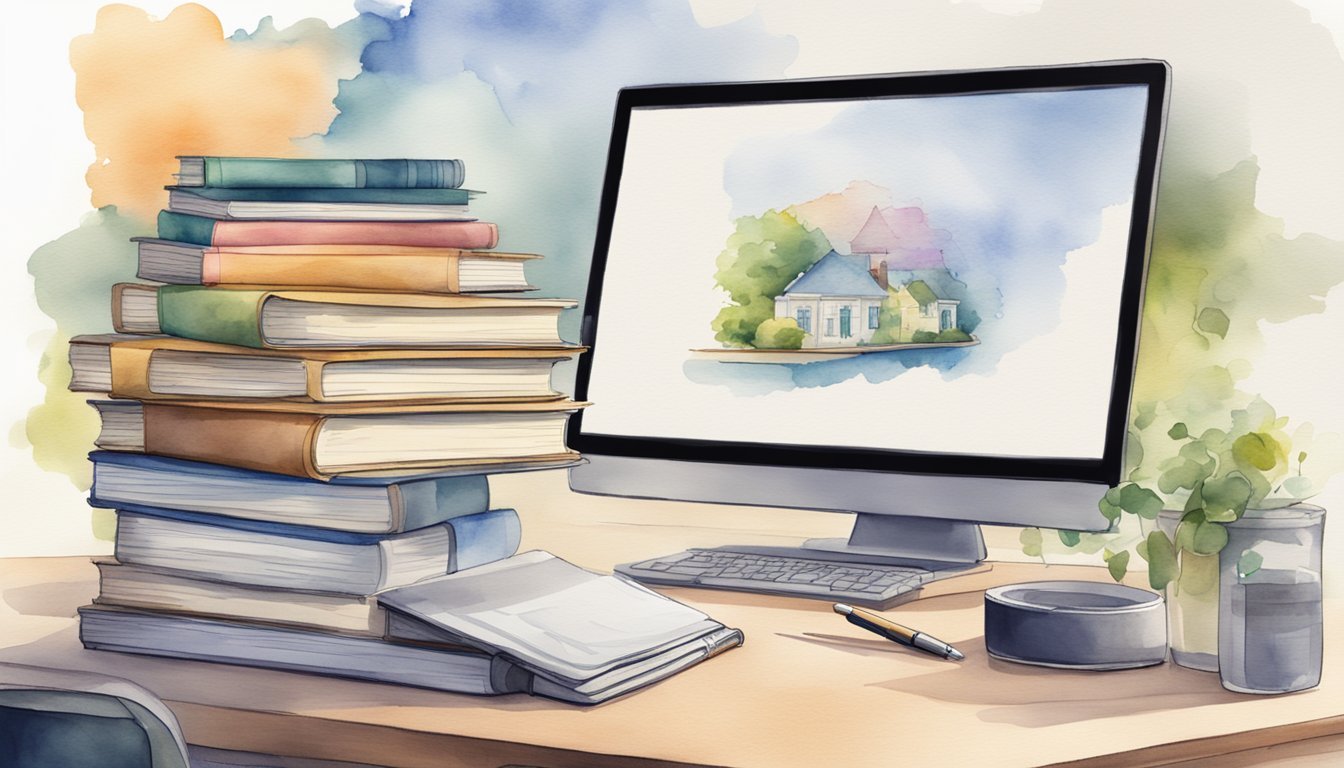 A stack of books with various cover designs, a computer with design software, and a notebook with sketches on a desk