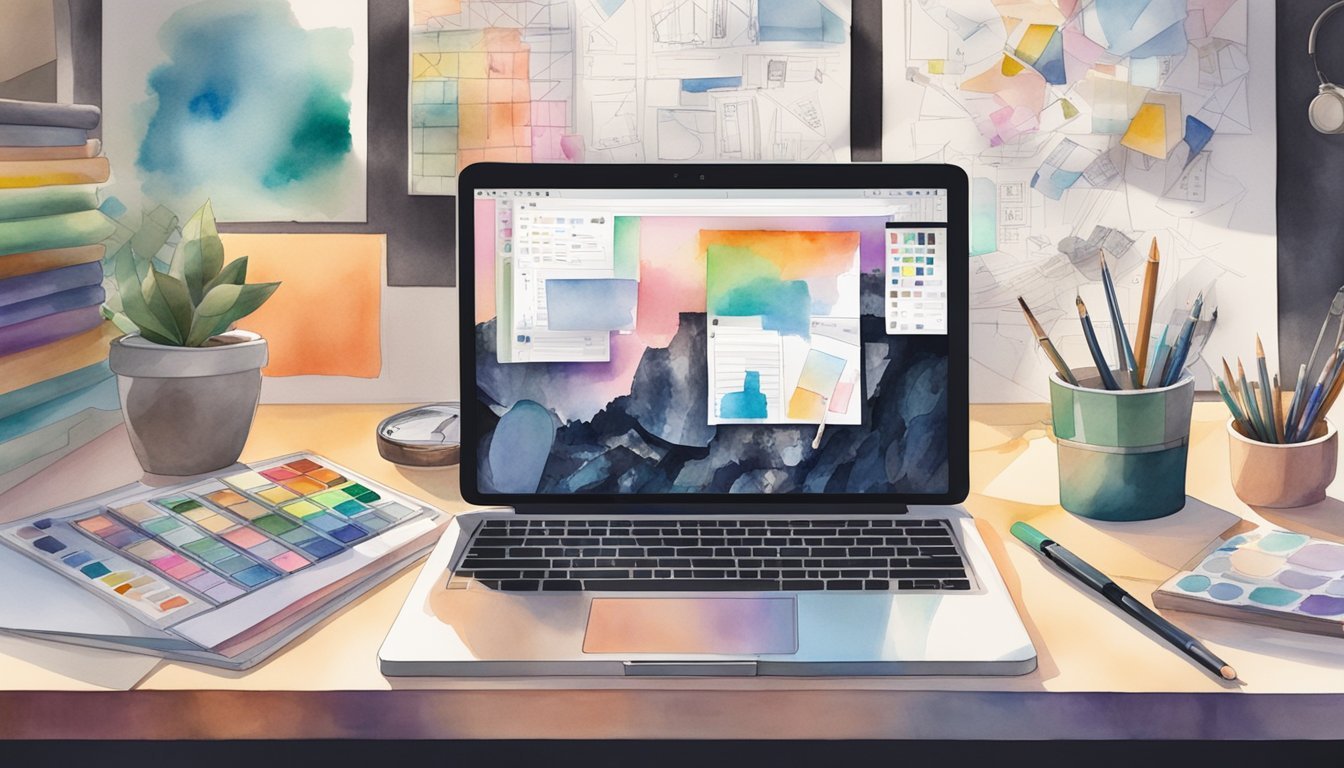 A cluttered desk with a laptop, tablet, and smartphone, surrounded by design sketches and color swatches.</p><p>A mood board hangs on the wall, displaying various interface designs