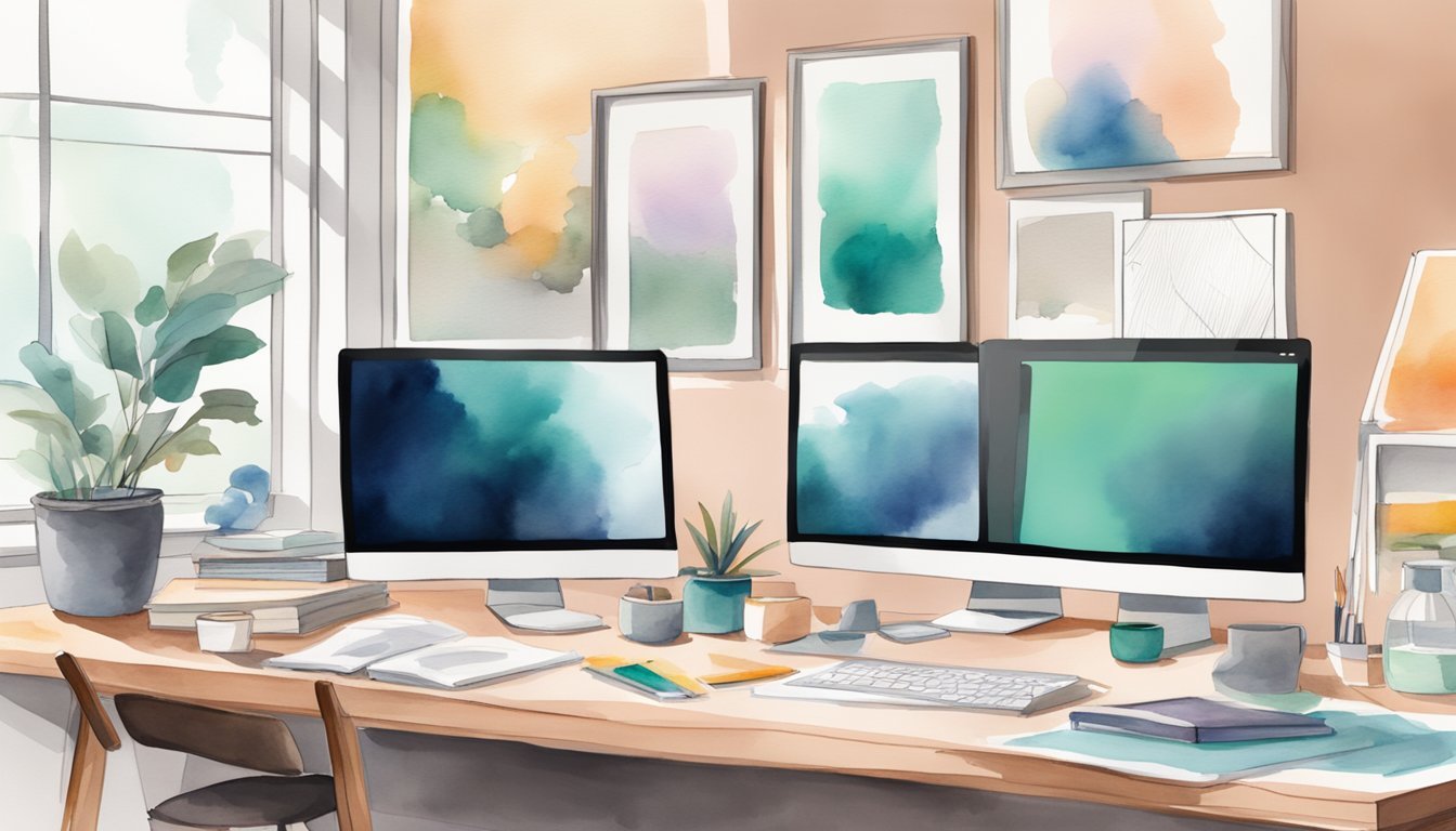 A modern workspace with dual monitors, sketchbook, and digital tablet.</p><p>Trendy design books and a mood board on the wall