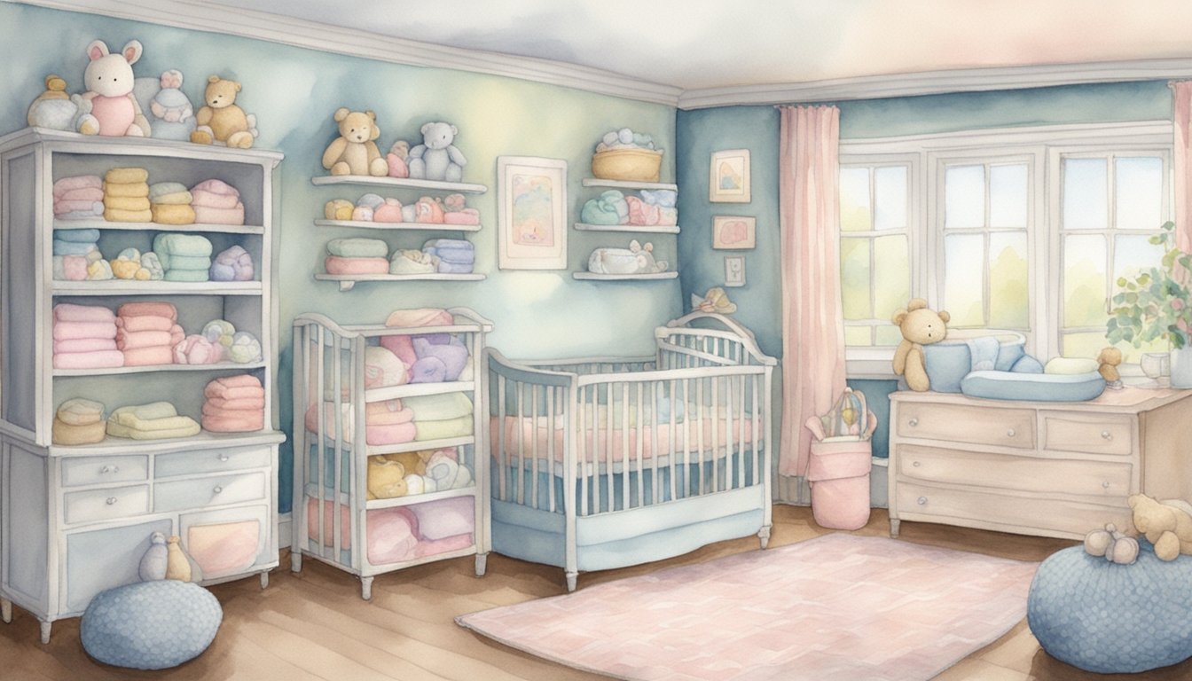 A cozy nursery filled with handcrafted baby blankets, toys, and clothing.</p><p>The room is adorned with shelves displaying carefully sewn and knitted items in soft pastel colors