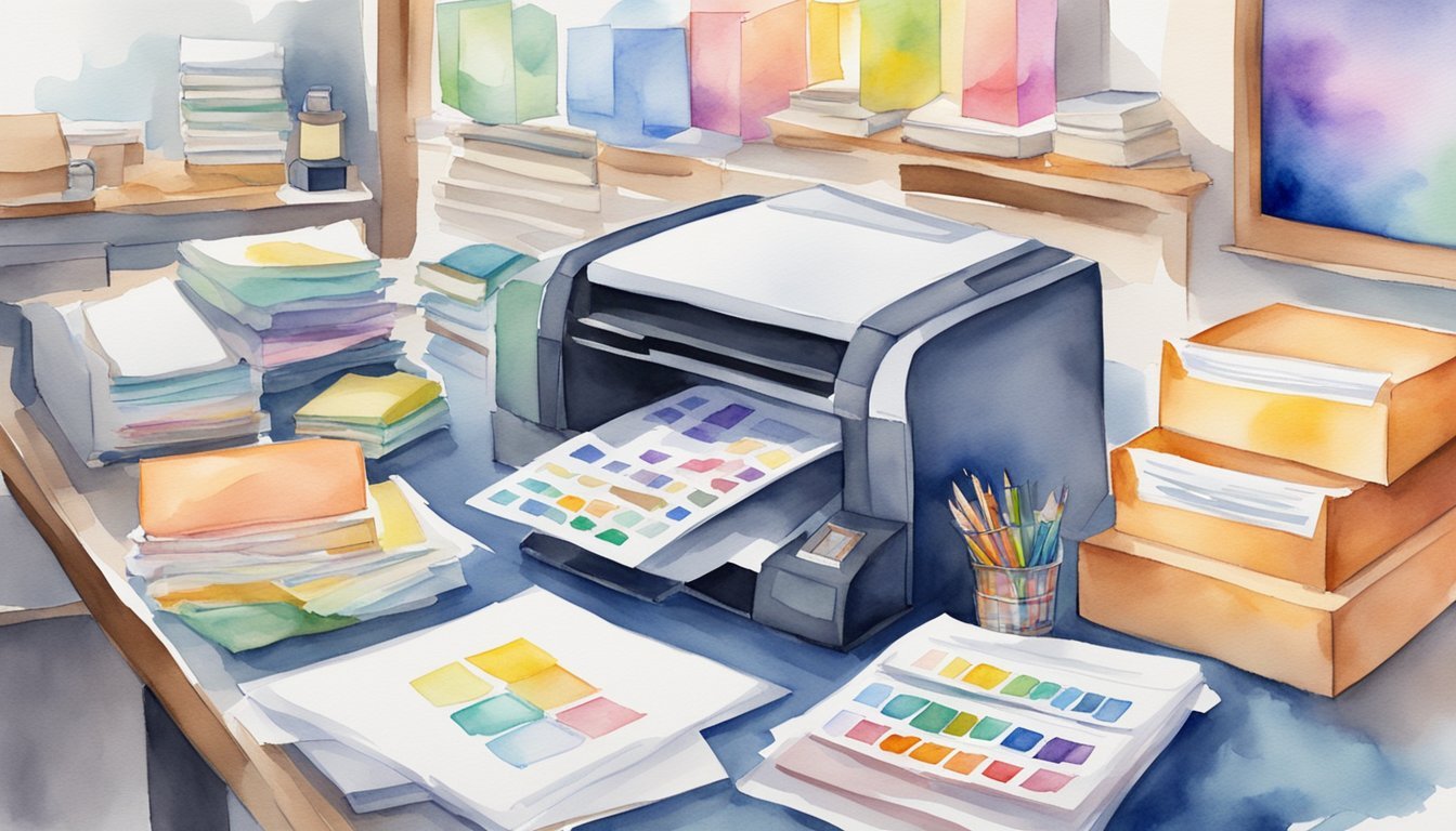 A desk with a computer, printer, and stacks of colorful educational worksheets.</p><p>A person packaging and labeling the worksheets for sale