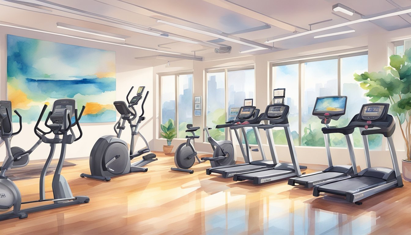 A colorful array of workout equipment arranged in a spacious, well-lit room, with motivational posters on the walls and a personalized fitness plan displayed on a digital screen