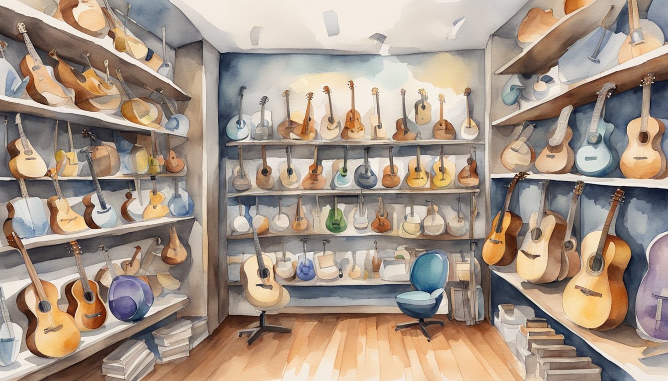 Musical instruments displayed on shelves, with a sign advertising rentals.</p><p>Customers browsing and trying out different instruments