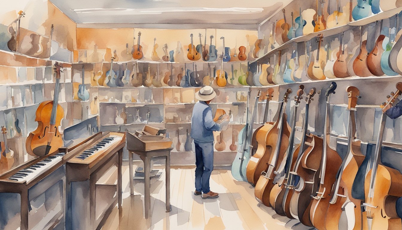 A person browsing a selection of musical instruments at a rental shop.</p><p>Instruments displayed on shelves with price tags