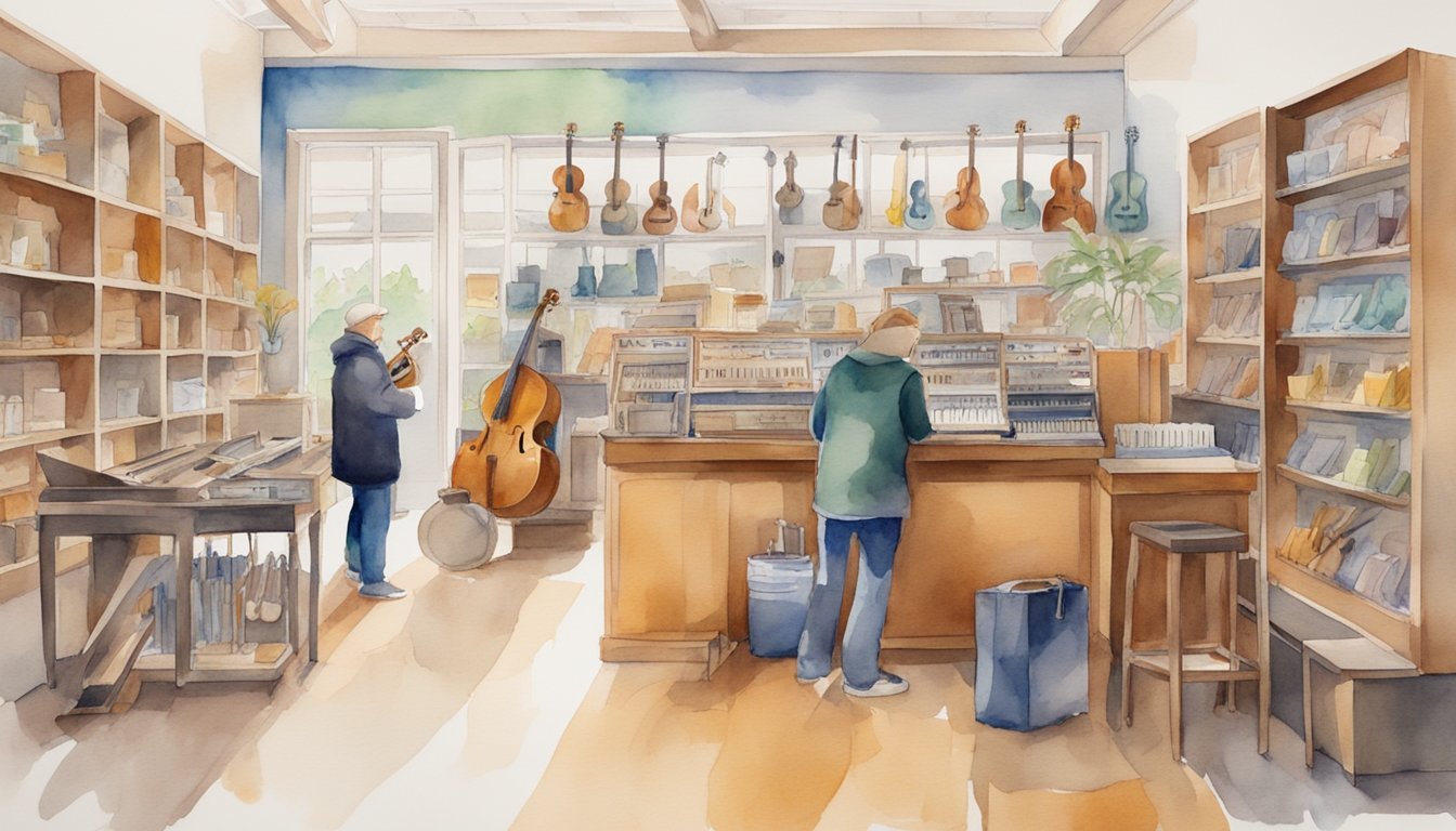 Musical instruments being rented out, money exchanging hands at a rental shop counter, instruments displayed on shelves