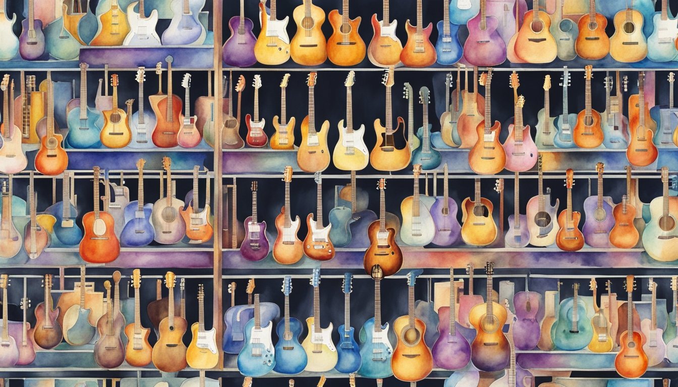 Brightly lit music shop shelves display popular instrument brands for quality rentals