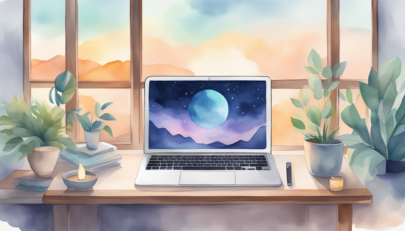 A serene digital landscape with a laptop displaying a meditation app, surrounded by calming elements like candles, plants, and a peaceful atmosphere