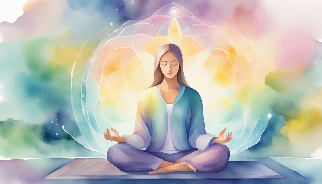 A serene figure sits cross-legged, surrounded by a glowing aura, while a digital device displays a virtual meditation session