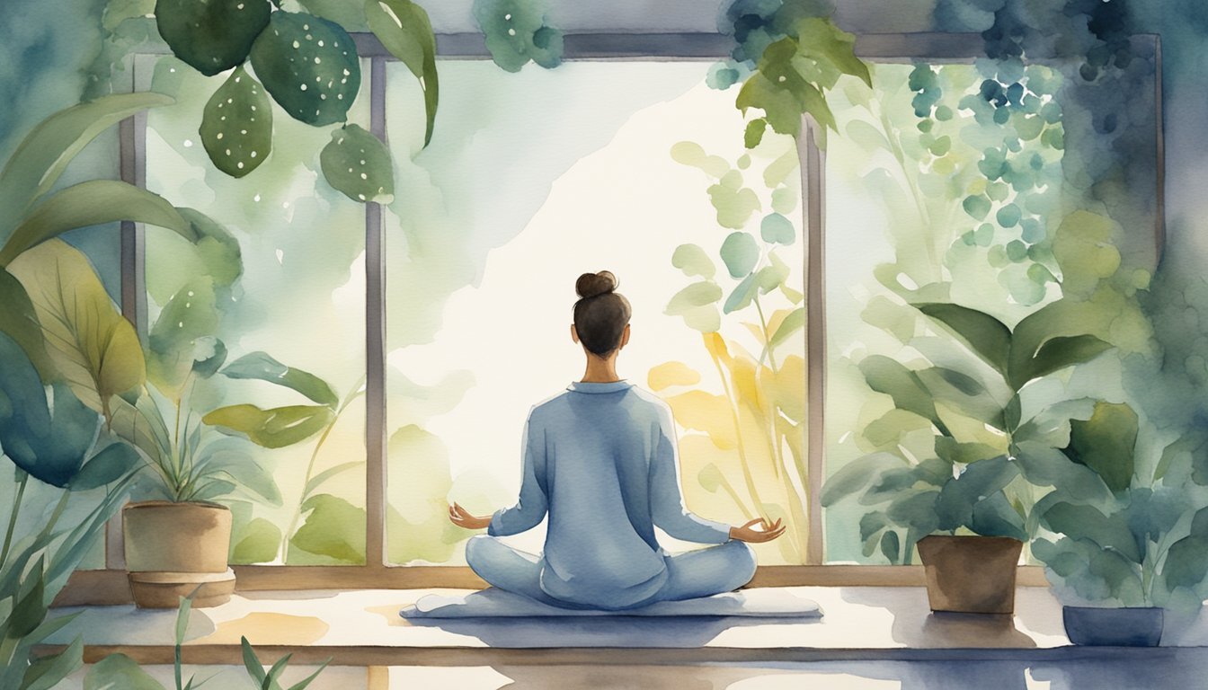 A serene figure meditates in front of a glowing screen, surrounded by plants and calming decor.</p><p>The atmosphere exudes peace and tranquility, evoking a sense of inner growth and mindfulness