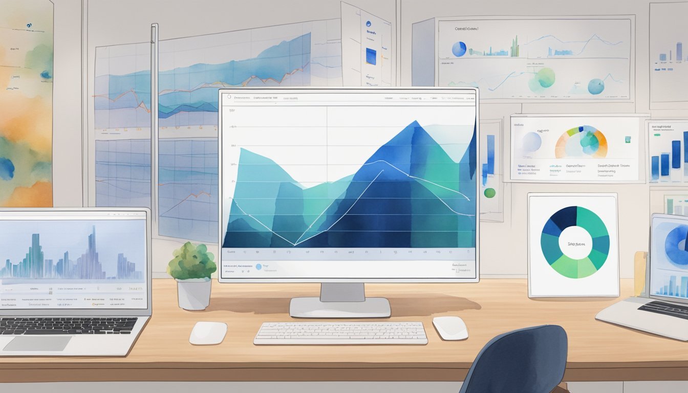 A computer screen displaying audience data during a virtual art exhibition.</p><p>Graphs and charts show analytics, while the exhibition is visible in the background