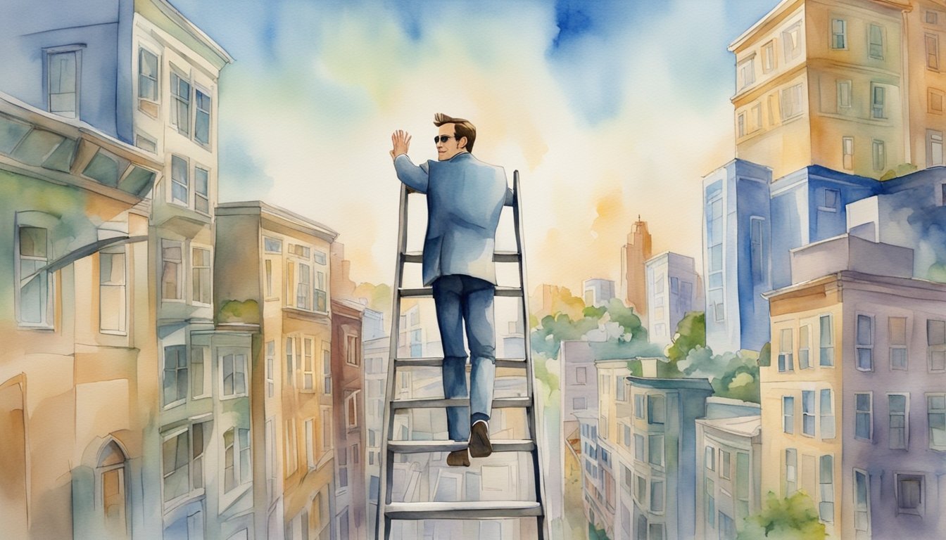 Jim Carrey's name ascends a ladder with Hollywood landmarks in the background