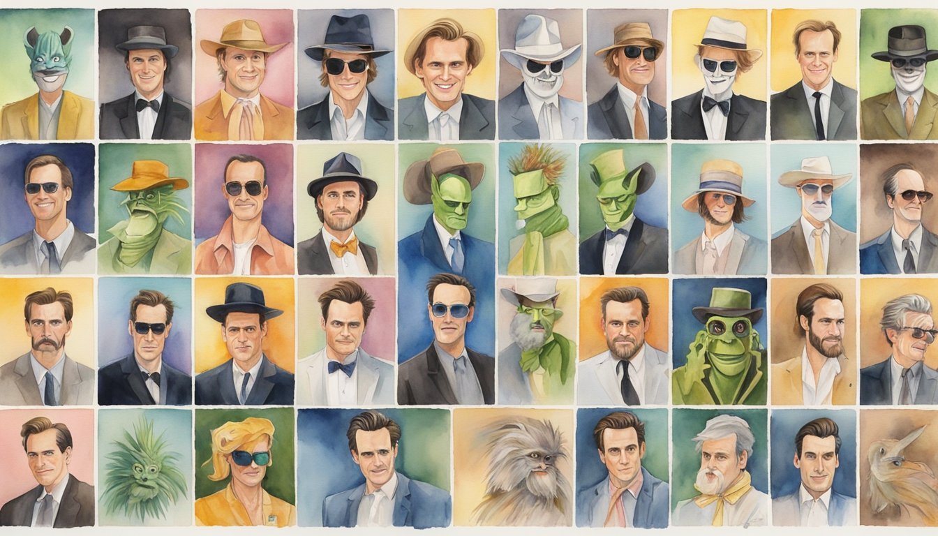 Jim Carrey's iconic movie roles, from The Mask to Ace Ventura, are displayed on a timeline, with each character's name and a corresponding image