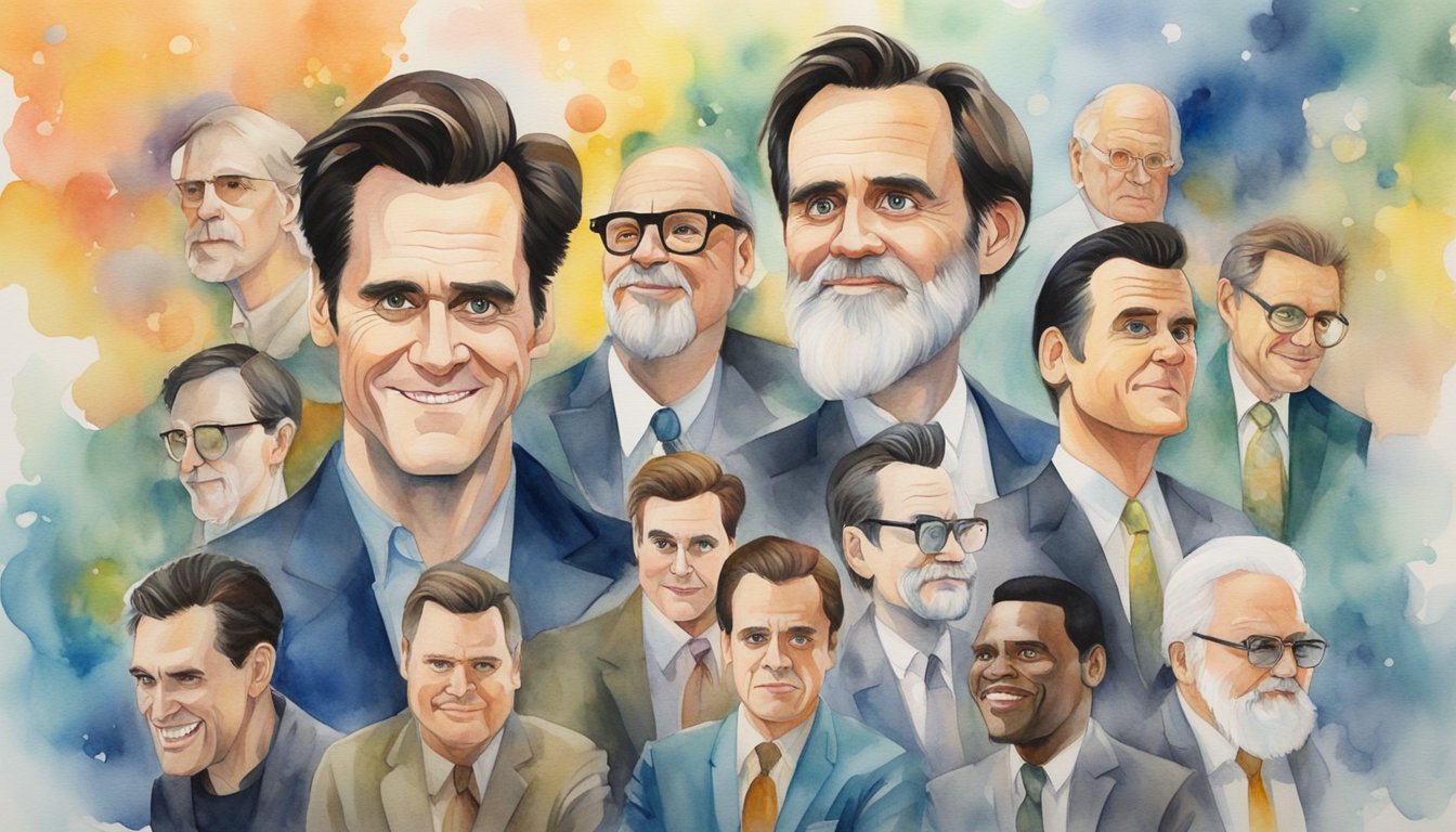 A spotlight shines on a collection of Jim Carrey's iconic film characters, surrounded by swirling patterns representing his impact on pop culture