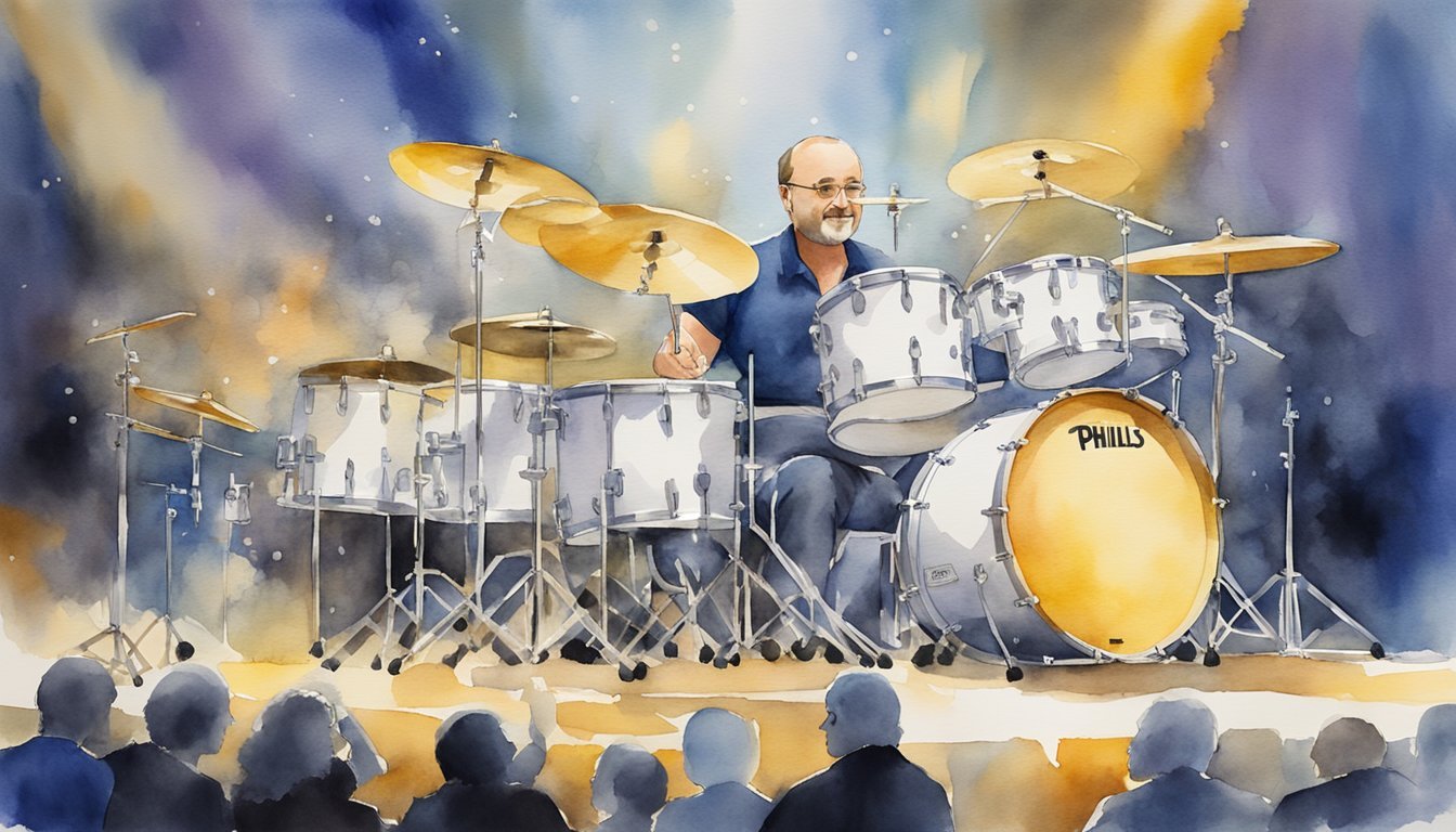 Phil Collins' life: drum set, stage lights, sold-out crowd, music notes in the air, Grammy award, tour bus