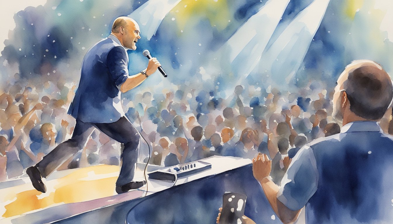 Phil Collins performing on stage, surrounded by bright lights and a cheering crowd