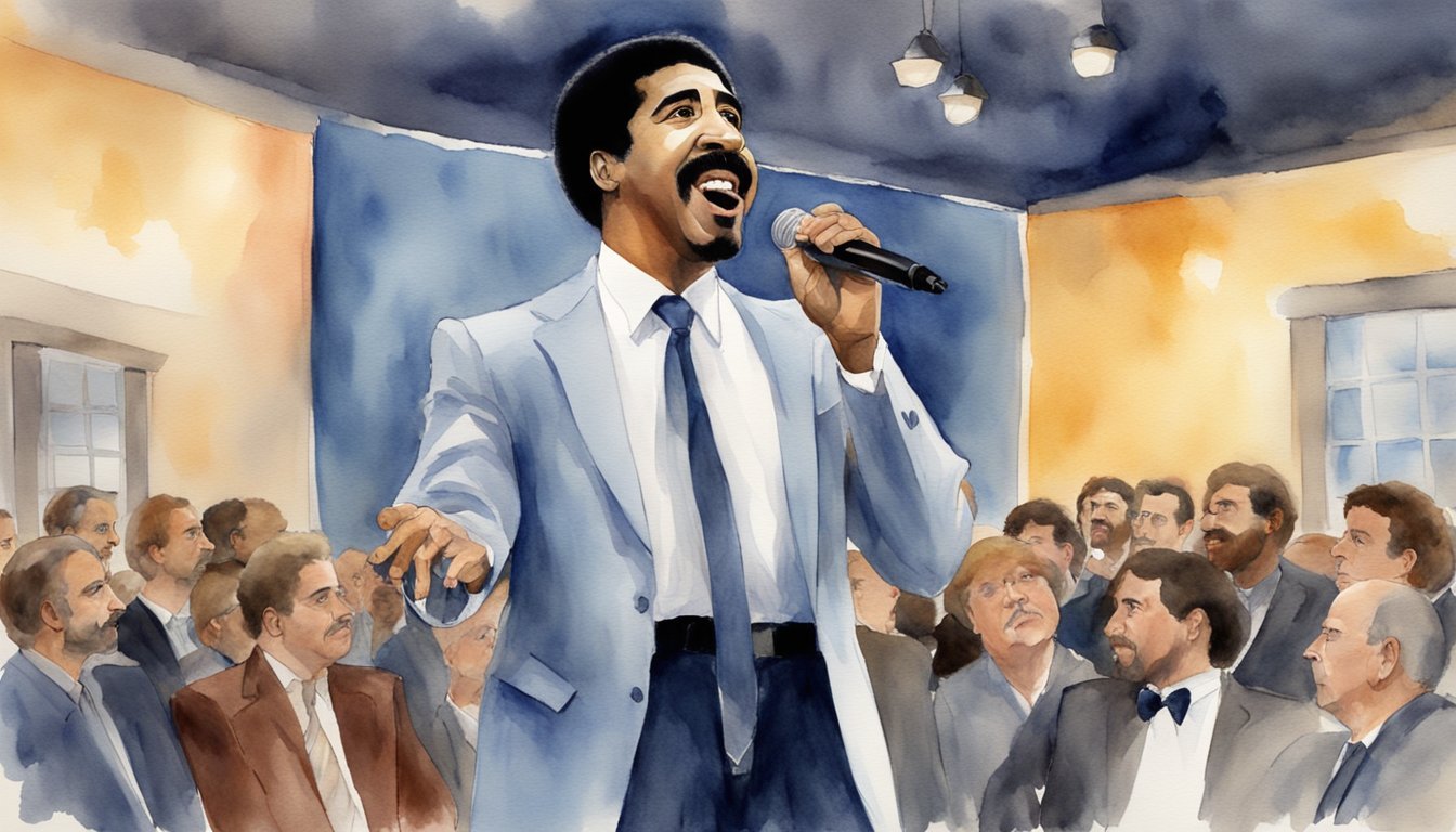 Richard Pryor performing at a small comedy club, captivating the audience with his raw and authentic humor