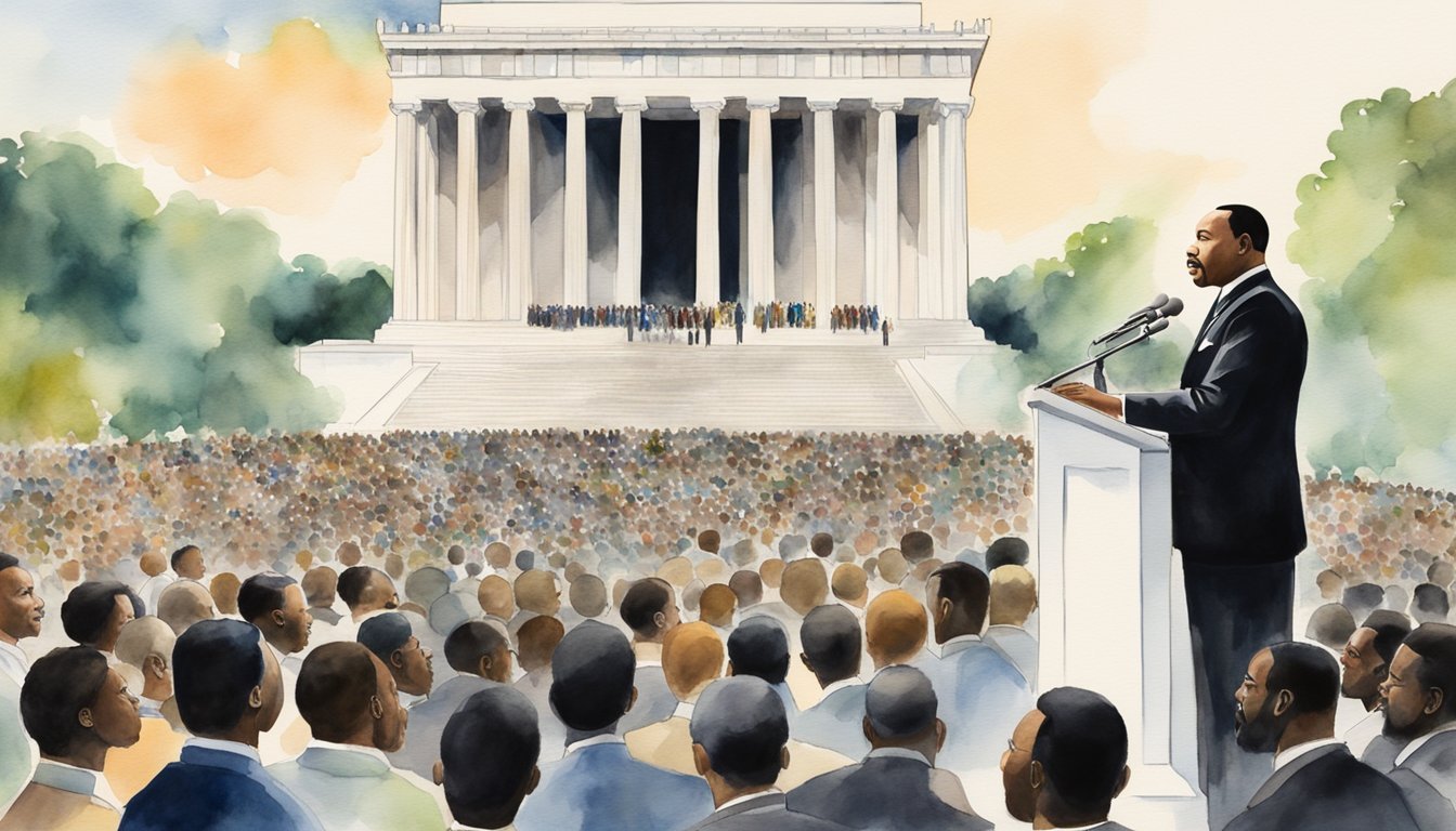 Martin Luther King Jr. delivering a powerful speech to a diverse crowd at the Lincoln Memorial