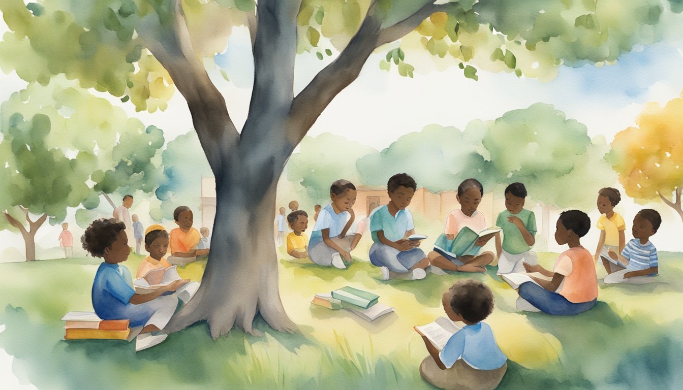 A young Martin Luther King Jr. reads books under a tree, surrounded by a diverse group of children playing and learning together