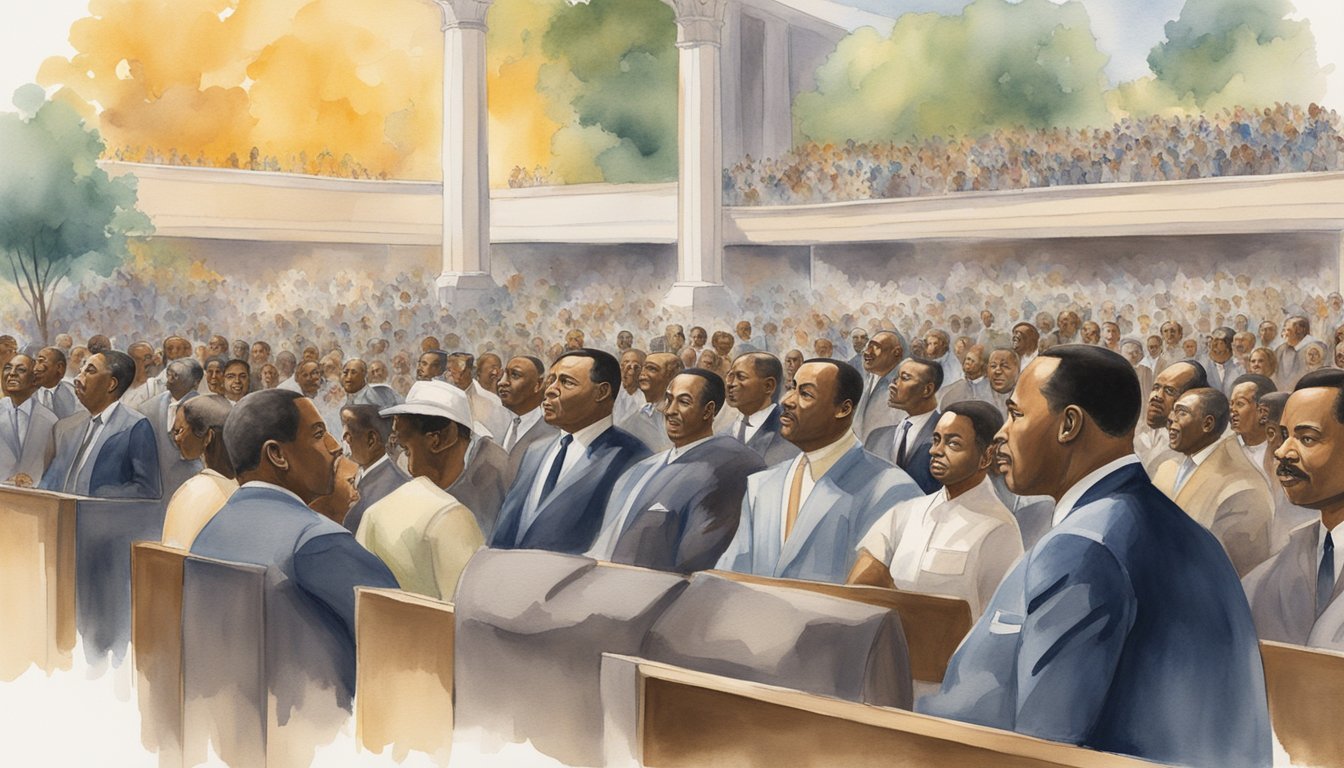 Martin Luther King Jr.'s later achievements and initiatives, such as the Civil Rights Act and the Poor People's Campaign, are highlighted in a biographical illustration