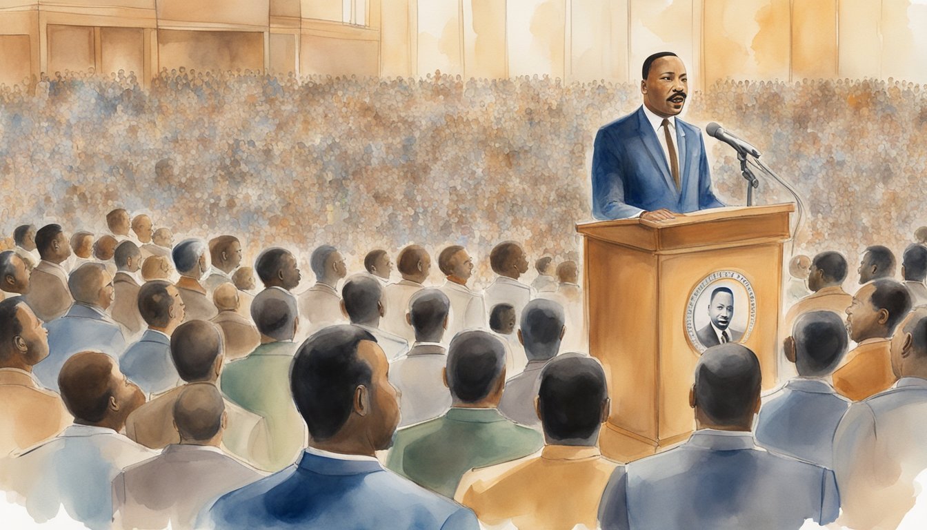 A podium stands on a stage, adorned with a portrait of Martin Luther King Jr. A diverse crowd looks on, with raised fists and hopeful expressions.</p><p>The words "Continued Influence and Recognition Biography of Martin Luther King Jr." are displayed prominently