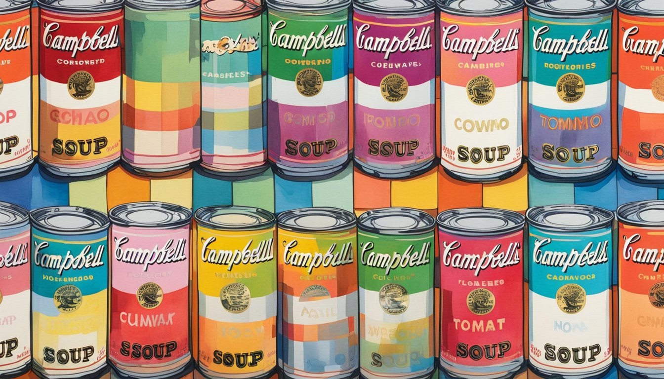 Andy Warhol's iconic Campbell's soup cans arranged in a colorful grid, with his signature wig and glasses nearby