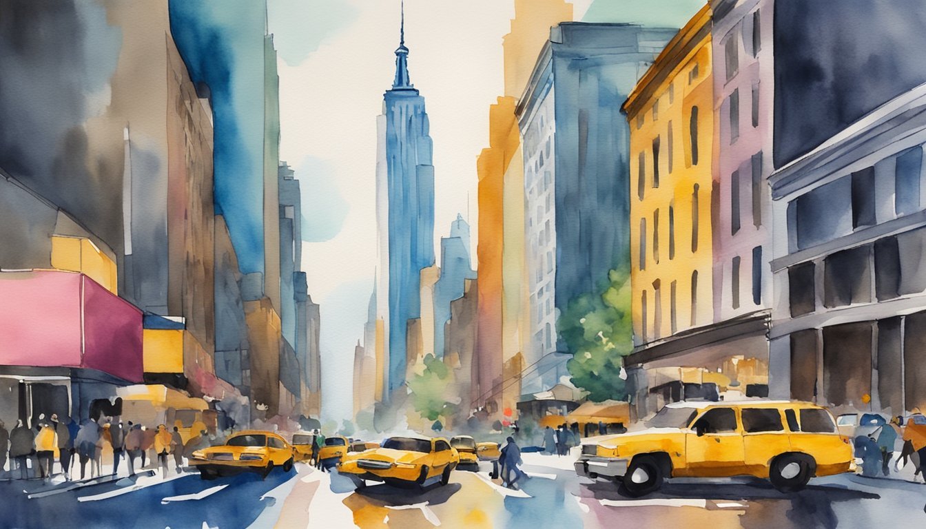 The bustling streets of New York City with iconic buildings in the background, capturing the vibrant energy and creativity of the city that inspired Andy Warhol