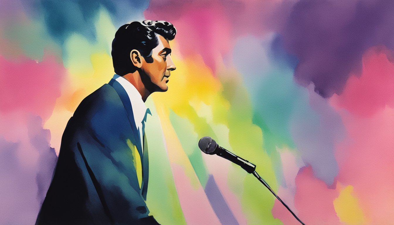 Dean Martin's silhouette against a neon-lit stage, holding a microphone with a relaxed, confident stance.</p><p>The audience is captivated by his smooth, charismatic presence