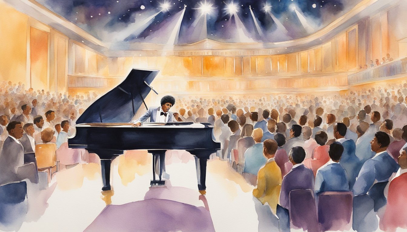 Little Richard's rise to fame: a crowded concert hall, stage lights shining, fans cheering, and the iconic piano at the center of it all