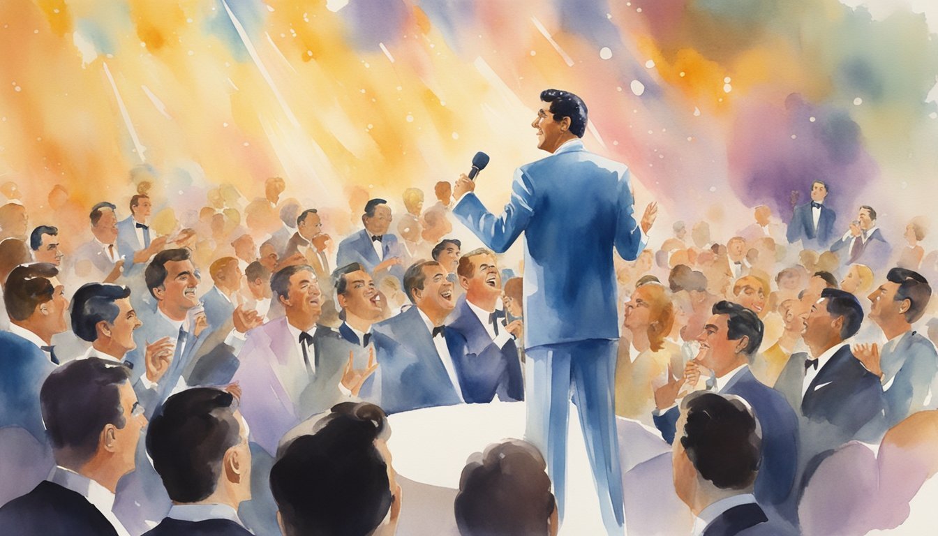 Dean Martin hosting a variety show on a glittering stage with a live band and a cheering audience