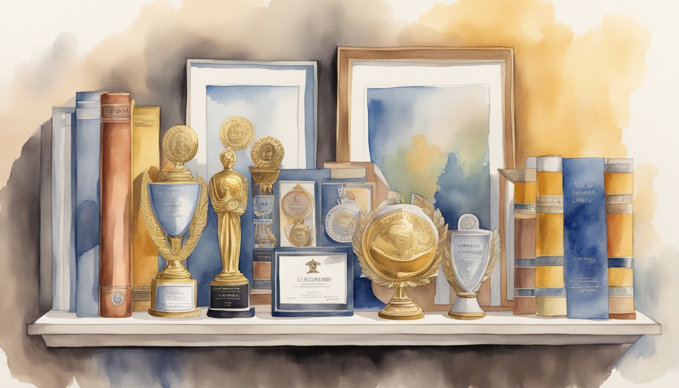 A shelf displaying awards, trophies, and accolades for Little Richard's biography