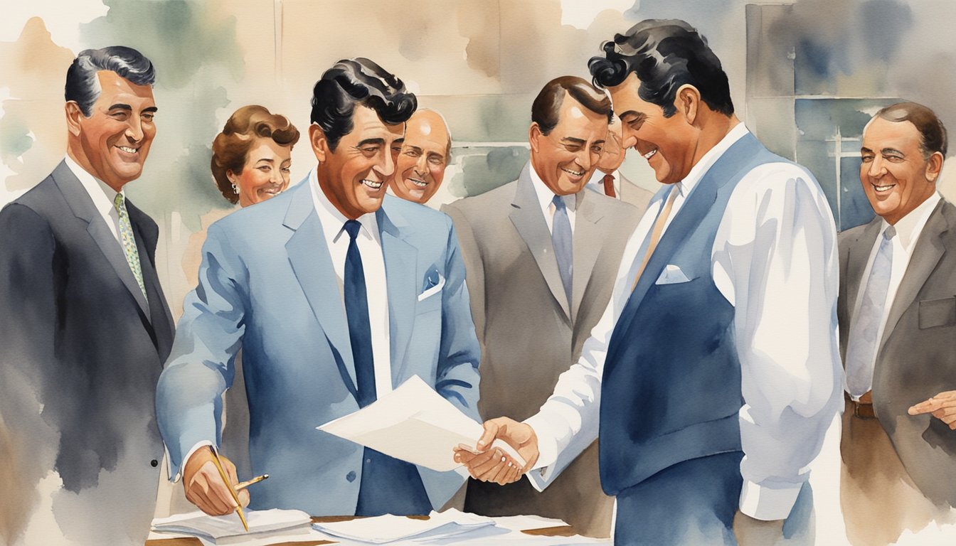 Dean Martin's biography features business deals and endorsements.</p><p>Show him signing contracts or shaking hands with business partners