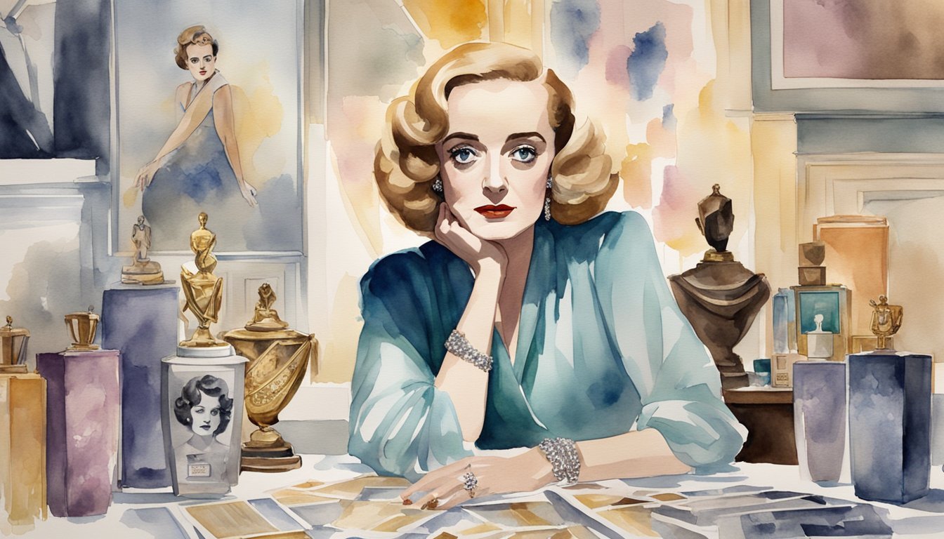 Bette Davis sits at a vanity, surrounded by movie posters and awards.</p><p>Her intense gaze reflects determination and passion for her craft