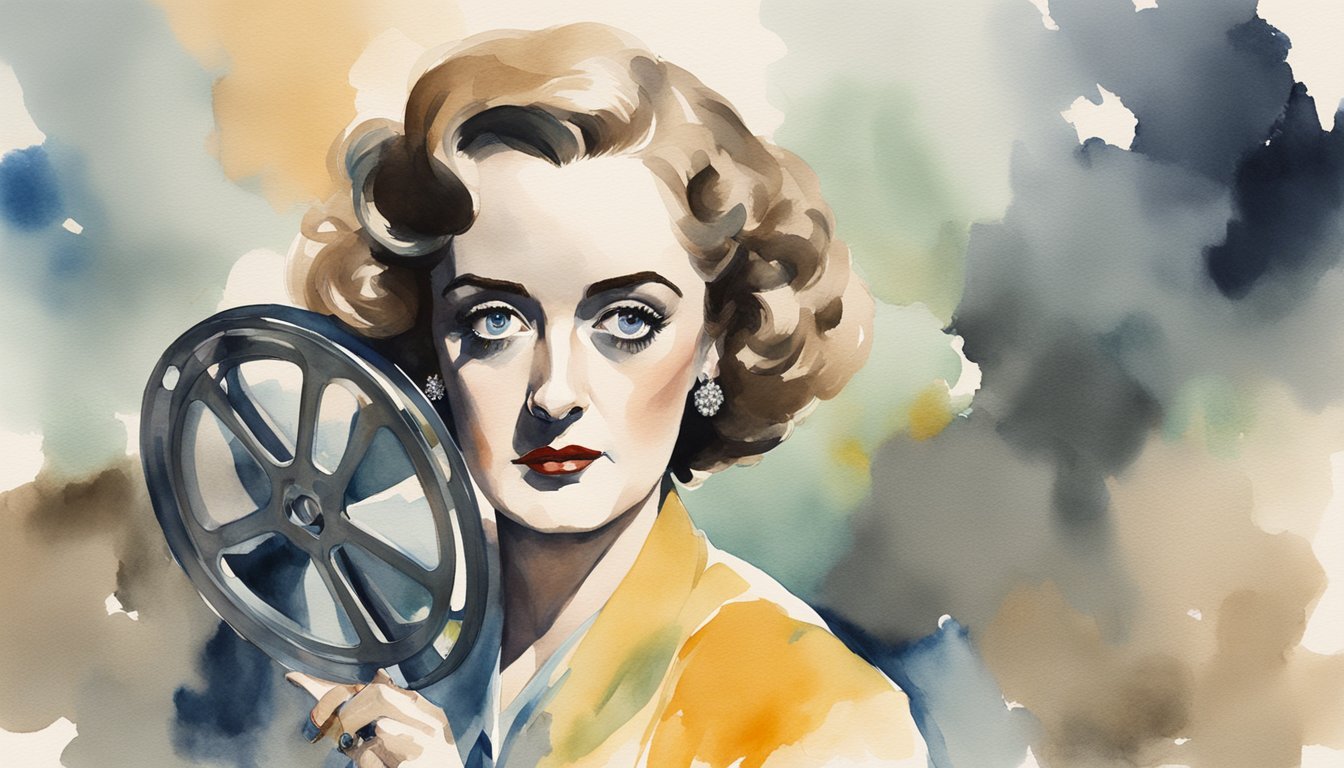 Bette Davis in a dramatic pose, cigarette in hand, furrowed brow, and intense gaze.</p><p>A film reel and awards scattered around her, capturing her iconic film roles