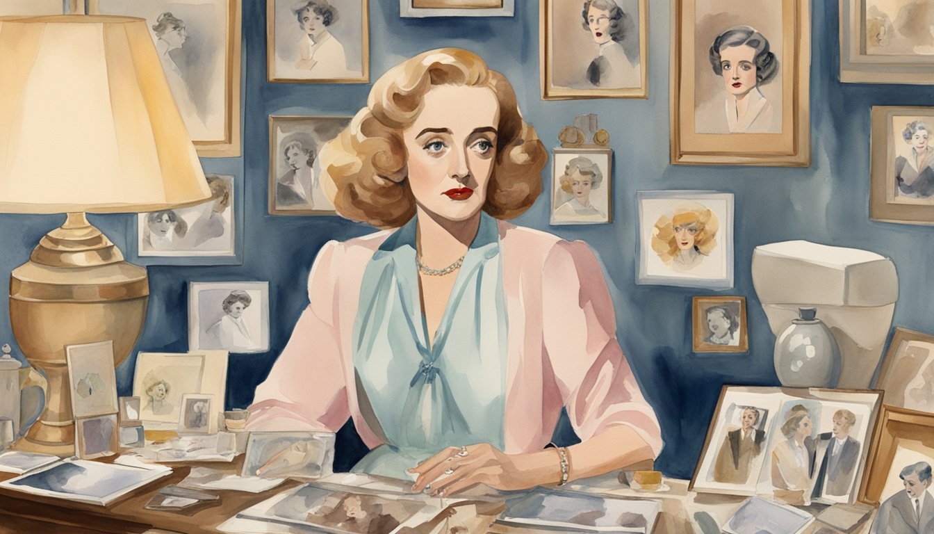 Bette Davis sits at a vanity, surrounded by photos of her marriages.</p><p>A mix of joy and sorrow is evident in her expression as she gazes at the memories