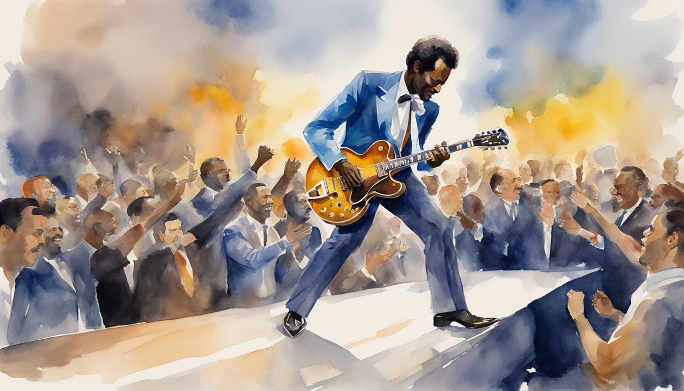 Chuck Berry performs on stage, guitar in hand, as the crowd cheers.</p><p>His energetic presence and iconic duck walk captivate the audience