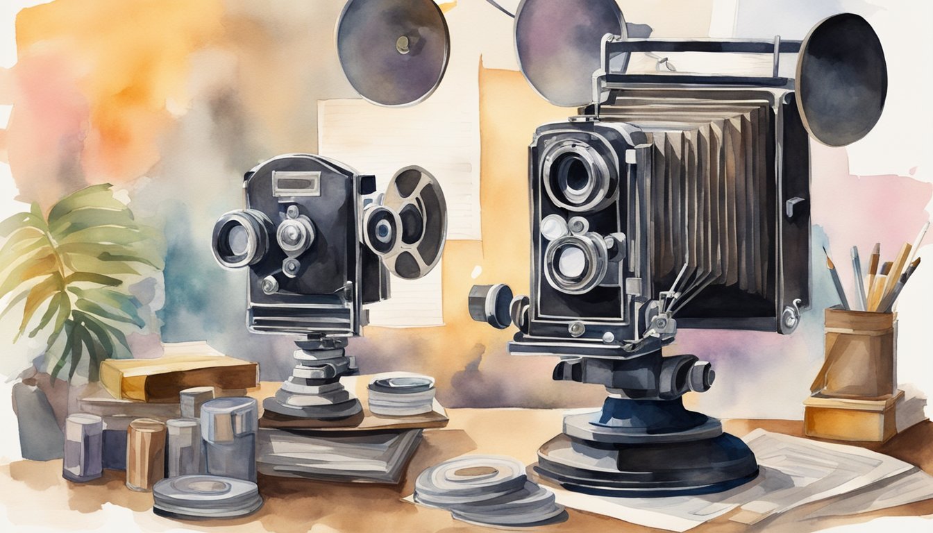 A vintage movie camera sits on a cluttered desk, surrounded by film reels and script pages.</p><p>A spotlight shines on a glamorous Hollywood sign in the background