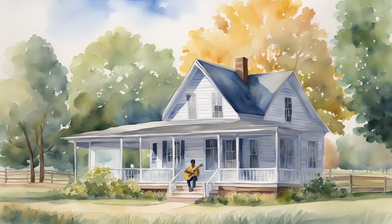 Chuck Berry's childhood home, a small wooden house with a front porch, surrounded by fields and trees.</p><p>A young boy sits on the porch, strumming a guitar, while his family watches from inside