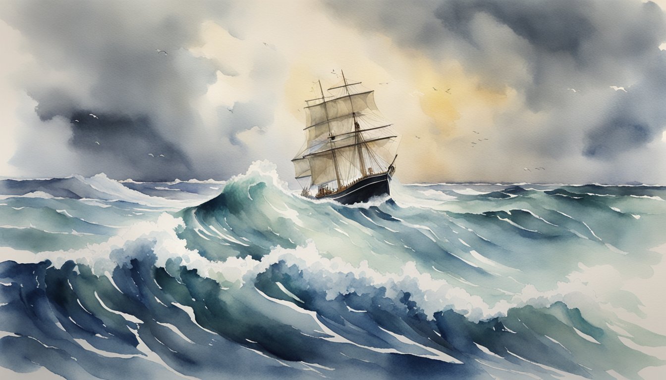 A stormy sea with a lone ship battling the waves, symbolizing Bette Davis' struggles and resilience in her biography