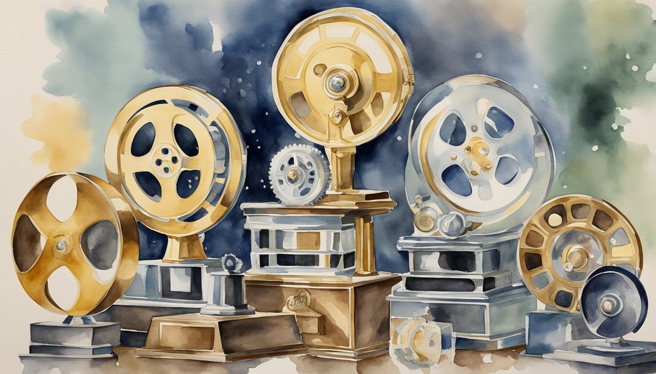 A collection of classic film reels and awards, with a portrait of Bette Davis, symbolizing her enduring legacy and influence in the entertainment industry