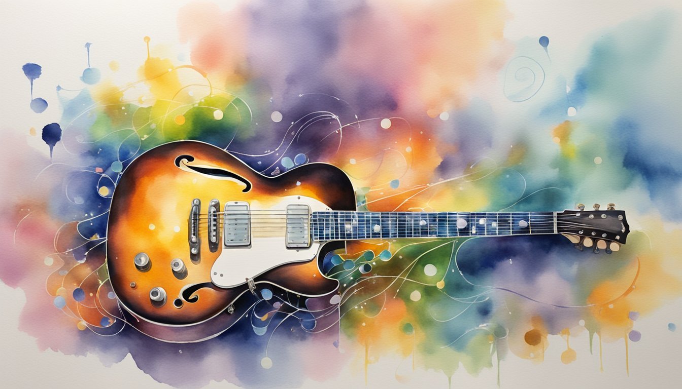 A guitar sits on a stage, bathed in colorful lights.</p><p>Music notes swirl around it, capturing the energy and showmanship of Chuck Berry's iconic performances