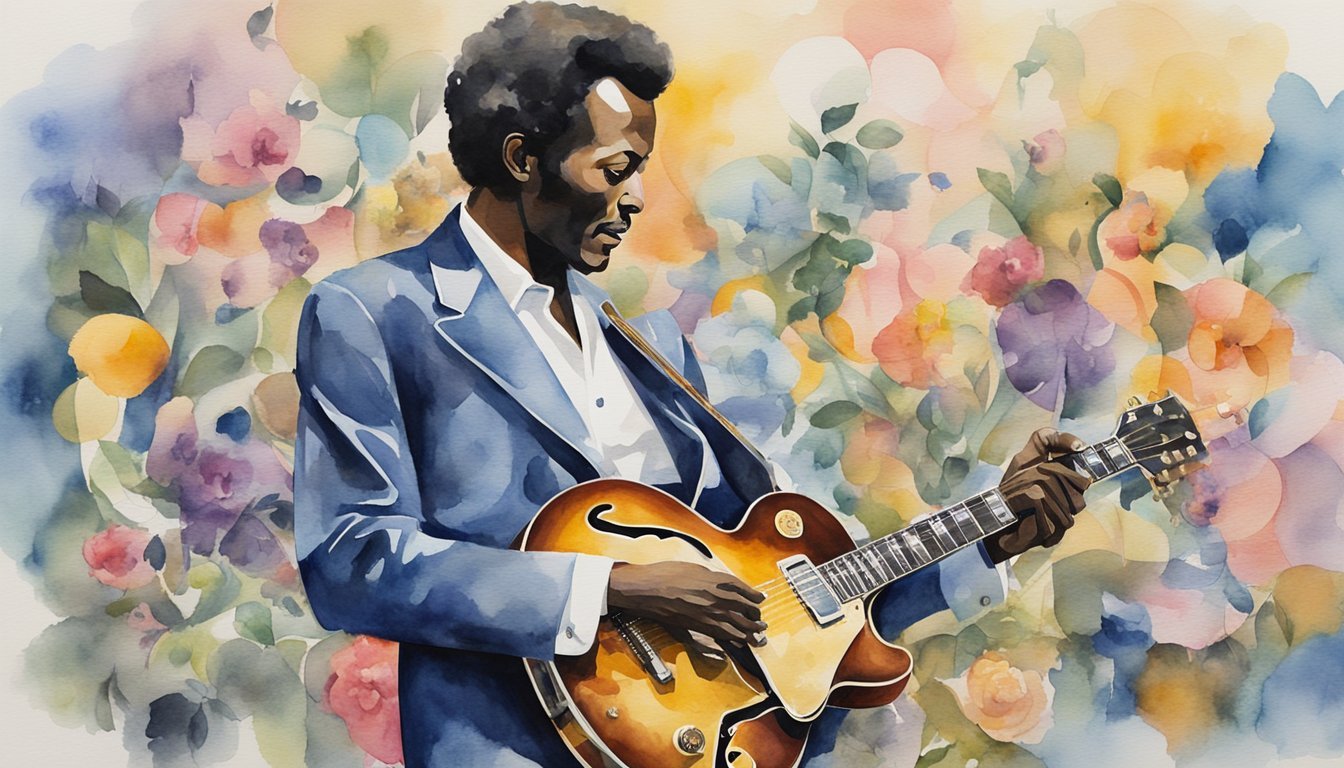 Chuck Berry's biography could be depicted with a guitar surrounded by symbols of his personal life and relationships, such as musical notes, a marriage ring, and images of his family