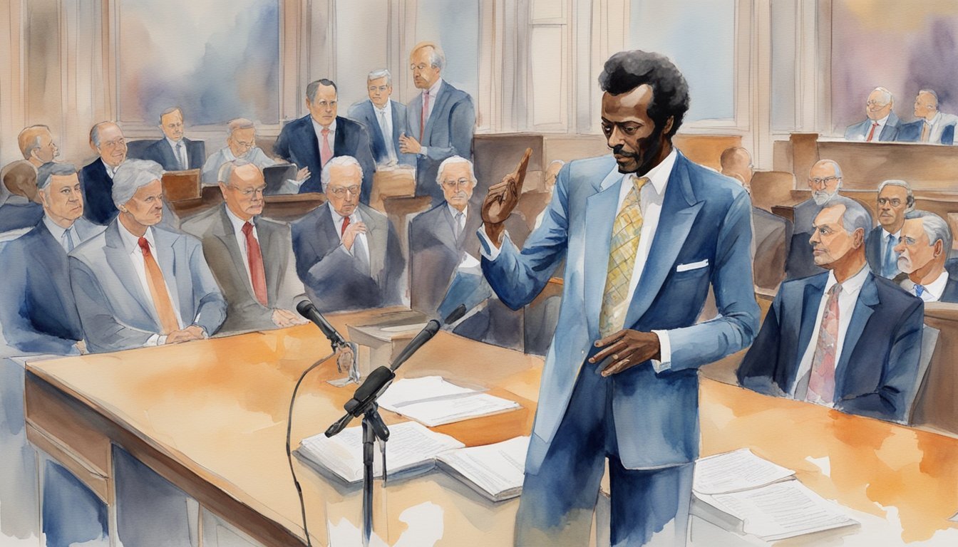 Chuck Berry's biography is surrounded by legal issues and controversies.</p><p>A courtroom with a judge and lawyers debating could be depicted