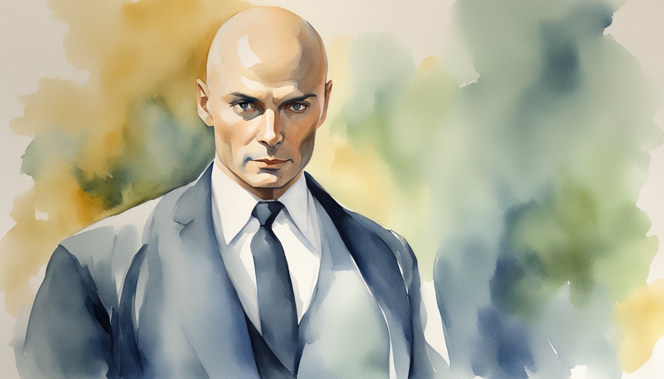 Yul Brynner's iconic bald head, piercing eyes, and regal posture on stage