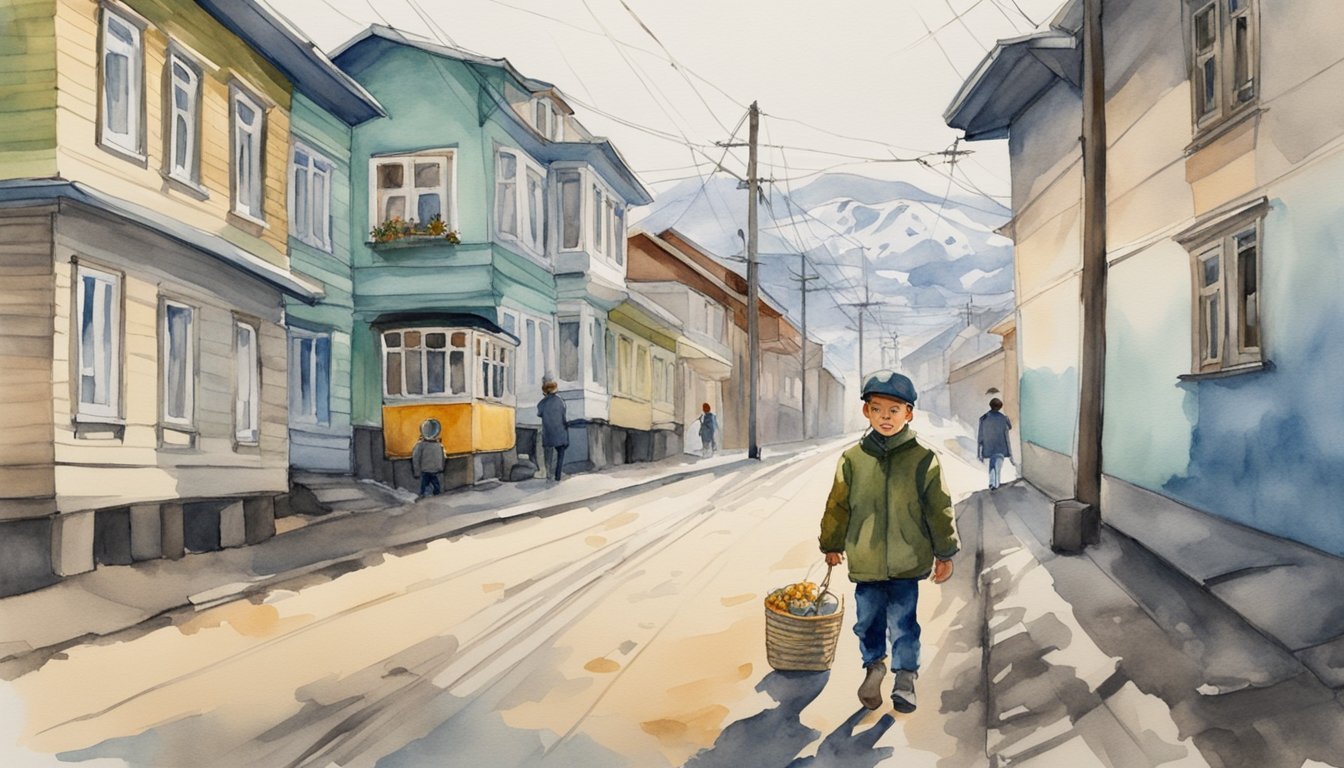 Yul Brynner's childhood home in Vladivostok, Russia, with the Trans-Siberian Railway in the background.</p><p>A young boy plays in the streets as his family's traditional customs and culture are reflected in the architecture and surroundings