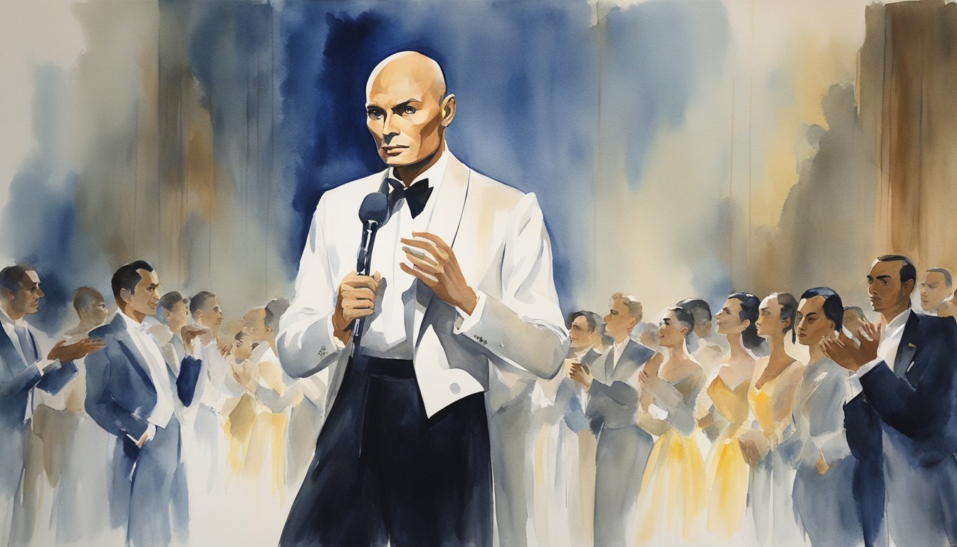 Yul Brynner stands tall on stage, dressed in regal attire, commanding the attention of the audience with his powerful presence.</p><p>The spotlight illuminates his confident stance as he embodies the iconic character of the King of Siam