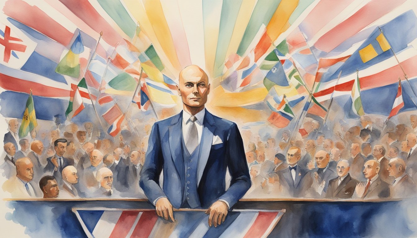 Yul Brynner's iconic bald head and regal posture on stage, surrounded by diverse cultural symbols and flags