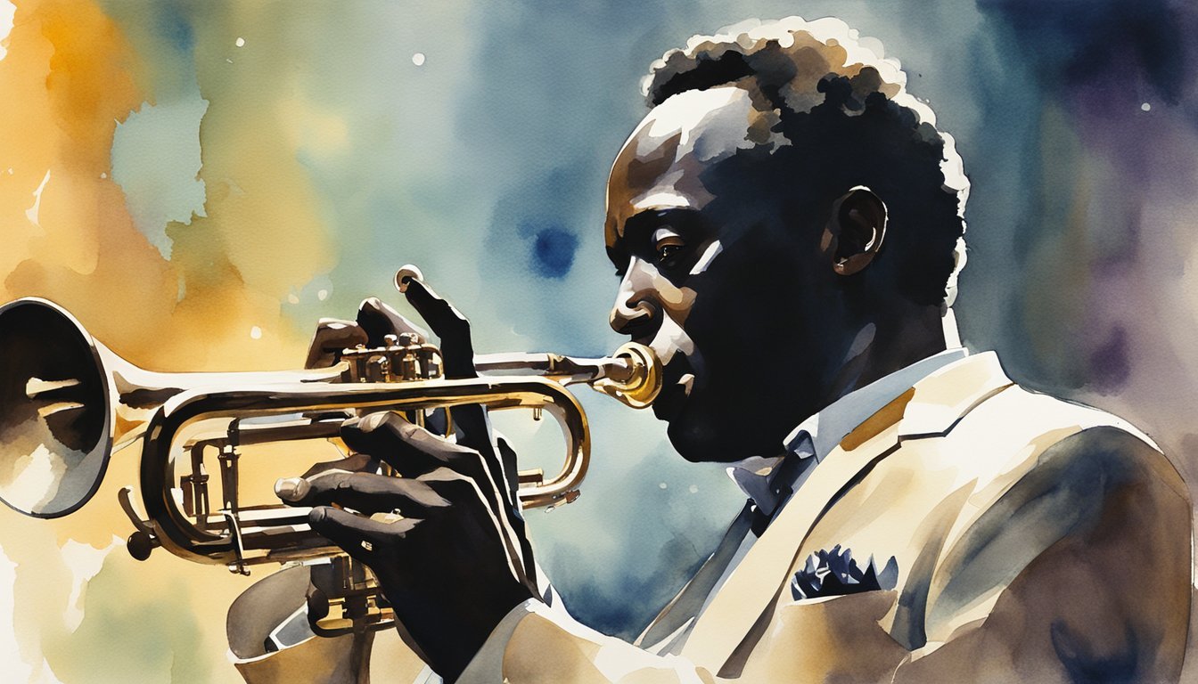 Miles Davis performing on stage, surrounded by a dimly lit jazz club, with a trumpet in hand and a contemplative expression